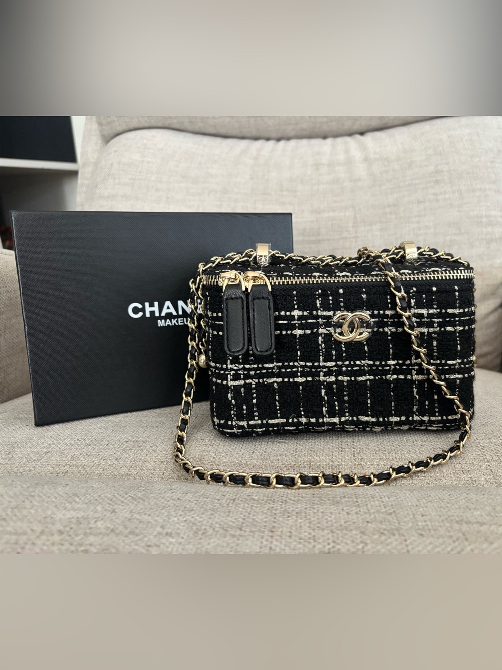 CHANEL Black and White Tweed GWP Vanity Crossbody Bag with Gold Hardware